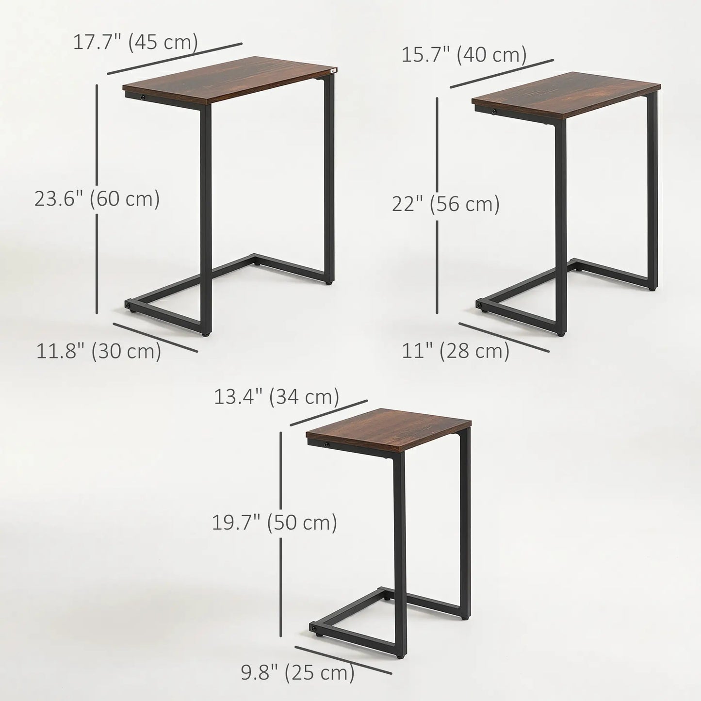 Nesting End Tables Set of 3, Industrial C-Shaped Side Table, Rustic Brown, Brown Side Tables at Gallery Canada