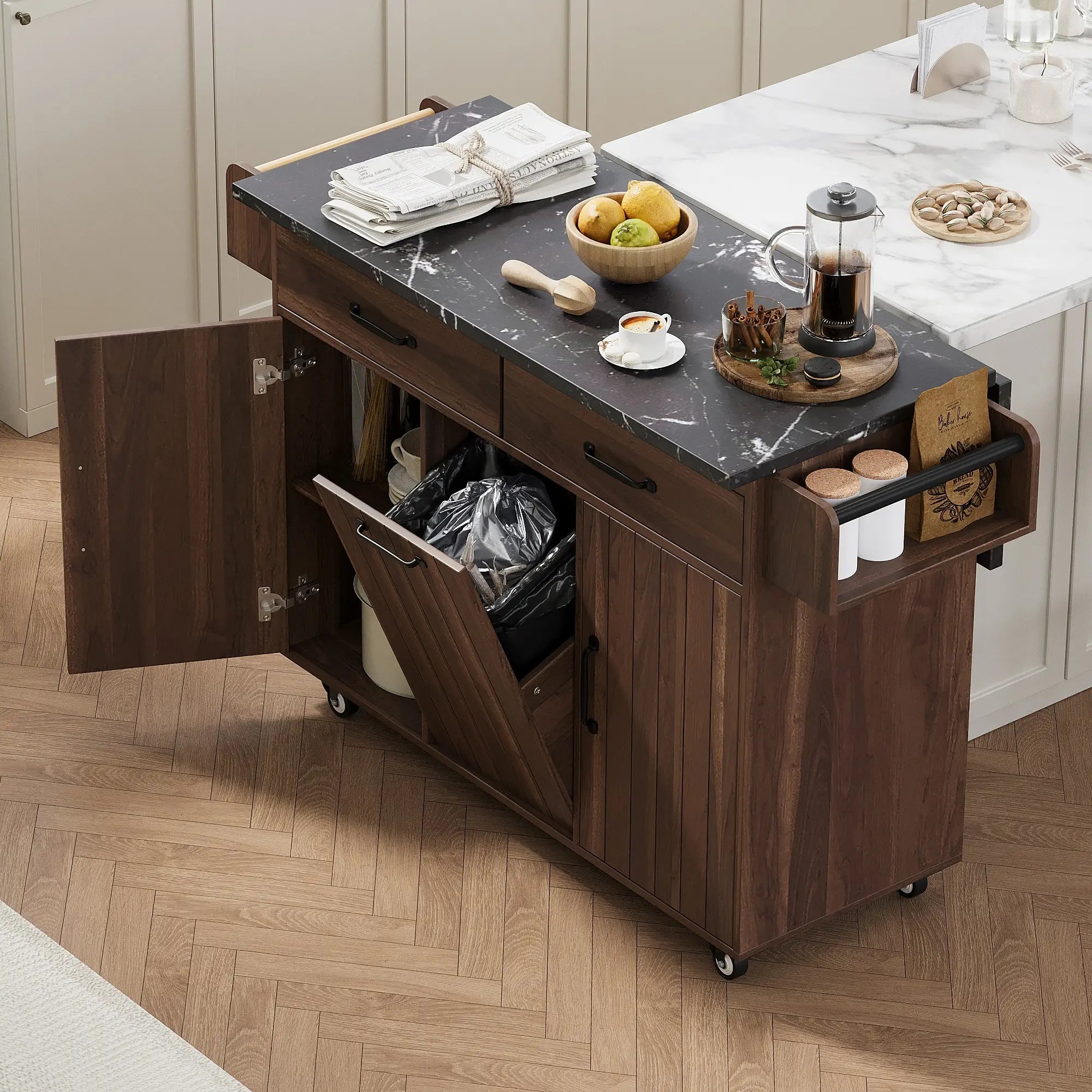 Adjustable Shelf Island, Trash Cabinet, Spice Rack, 51