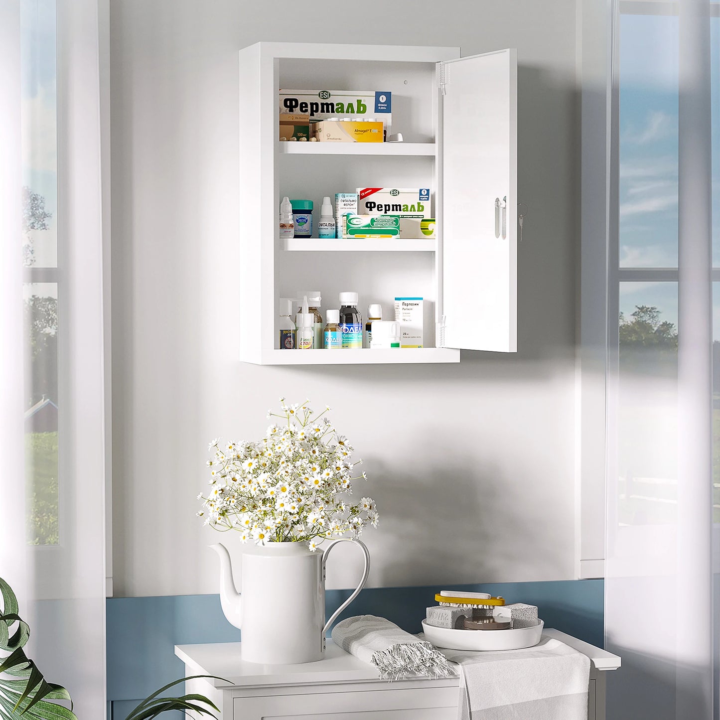 Lockable Medicine Cabinet, 3 Tier Steel Wall Box, 2 Keys, White Mirror Medicine Cabinets at Gallery Canada