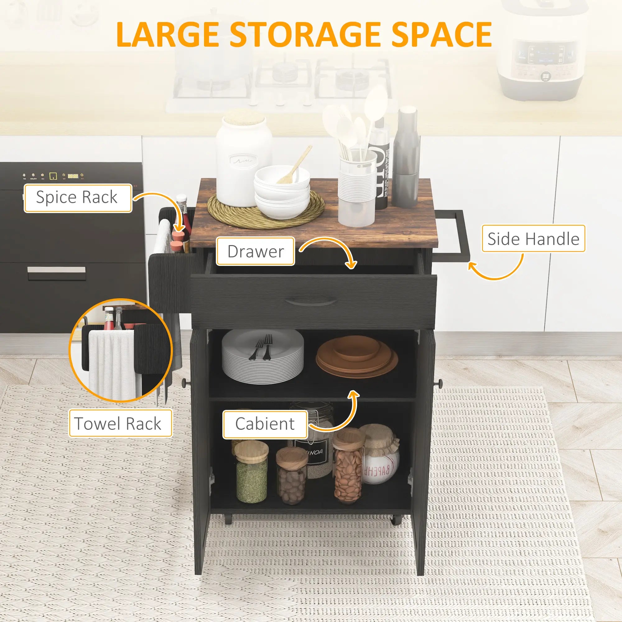 Modern Rolling Kitchen Island Cart, Natural Wood Top, Distressed Black, Black Kitchen Islands & Kitchen Carts at Gallery Canada