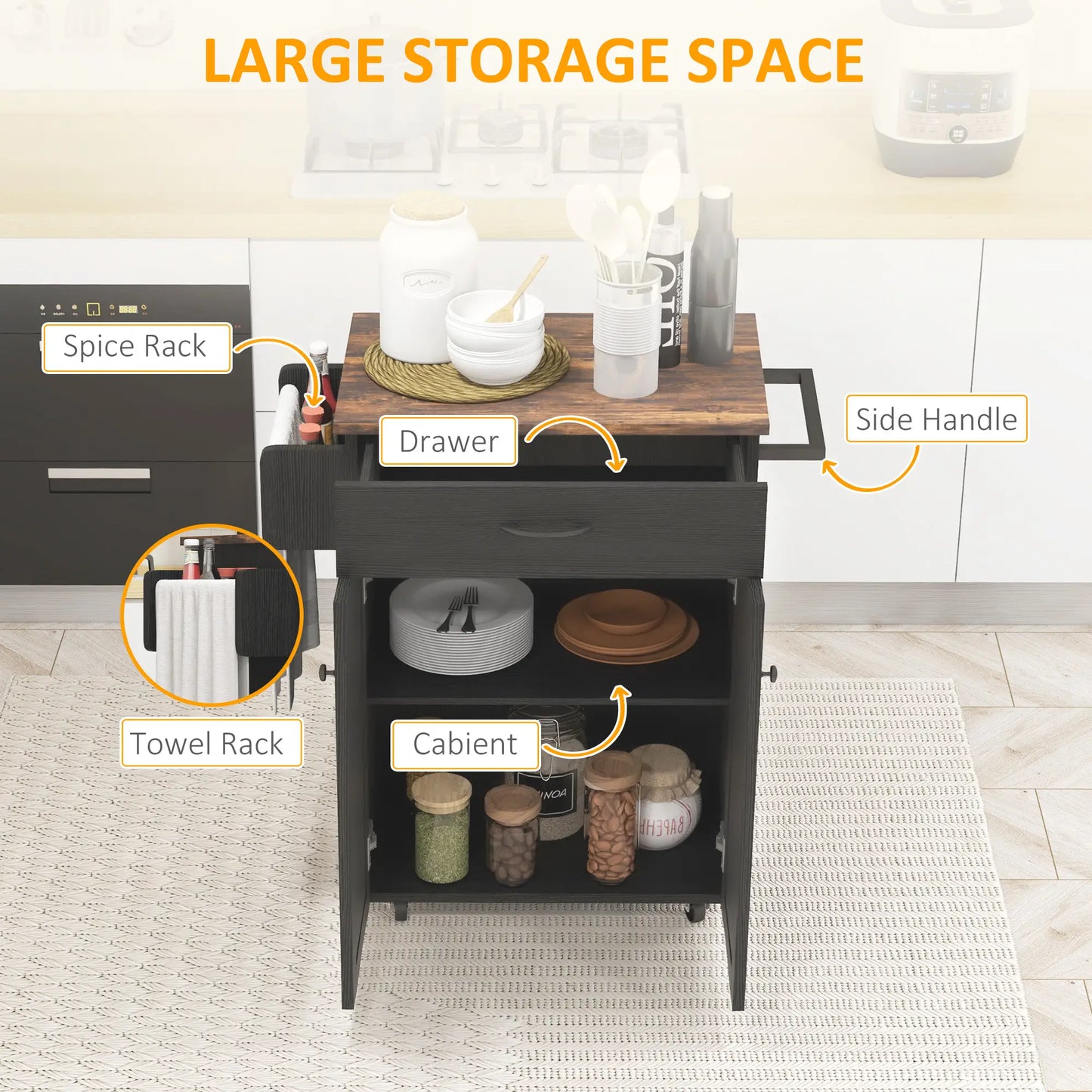 Modern Rolling Kitchen Island Cart, Natural Wood Top, Distressed Black, Black Kitchen Islands & Kitchen Carts at Gallery Canada