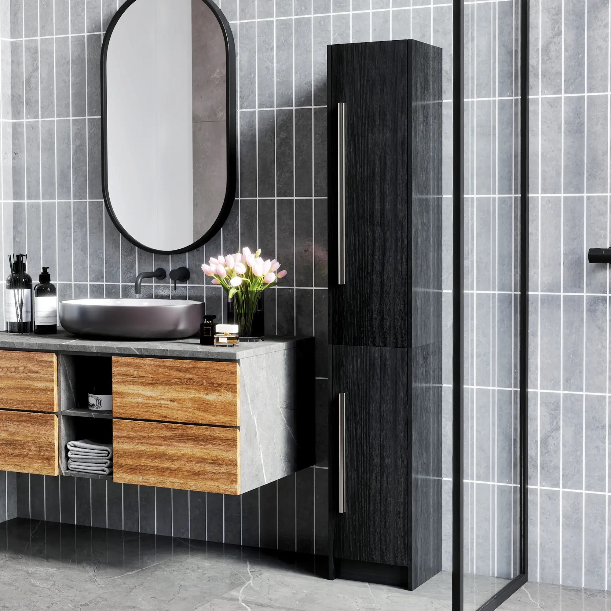 Tall Bathroom Storage Cabinet, Adjustable Shelves, Wood Grain, Black Bathroom Cabinets at Gallery Canada