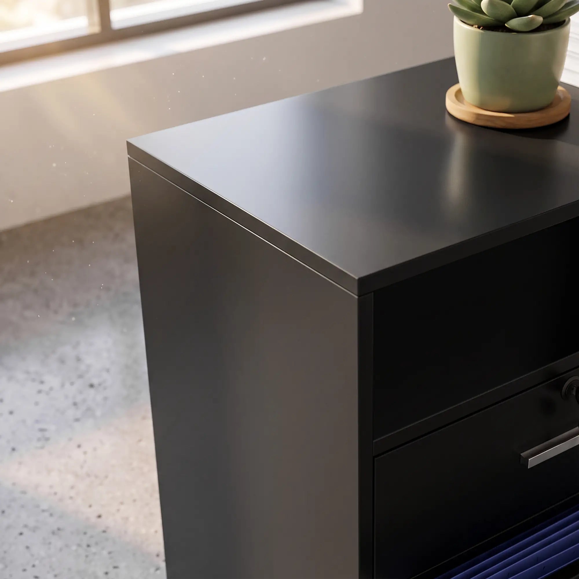 Filing Cabinet Locking Drawers Open Shelves 5 Casters, Black Office Cabinets & Cupboards at Gallery Canada
