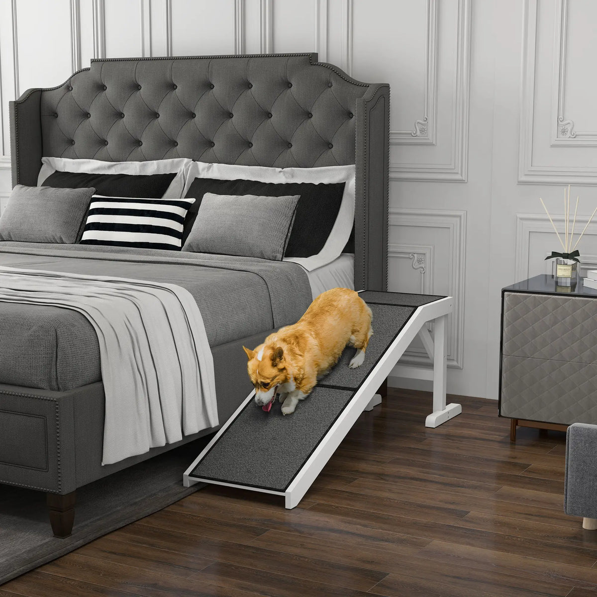 Pet Ramp Bed Steps, Non-Slip Carpet Top, Pine Wood, 59"L x 16"W x 20"H, White Dog Stairs at Gallery Canada