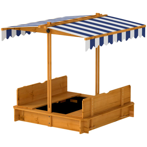 Wooden Kids Sandbox with Cover, Foldable Bench Seats, Adjustable Canopy, Red