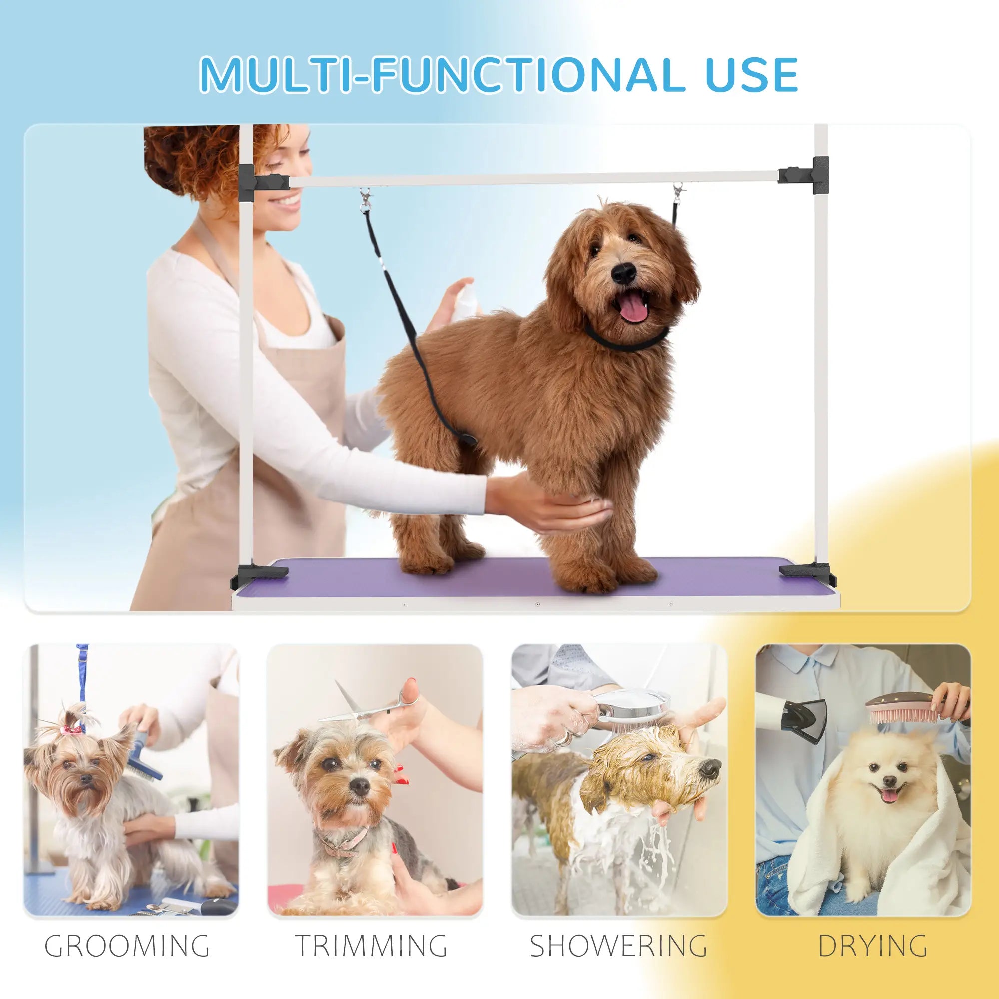 Adjustable Dog Grooming Table, 2 Safety Slings, Storage Basket, Purple Dog Grooming Tables at Gallery Canada