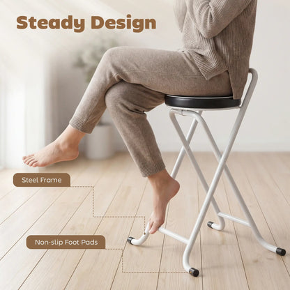 Foldable Bar Stools Set Of 2, PU Cushioned Seat, Footrest, Black