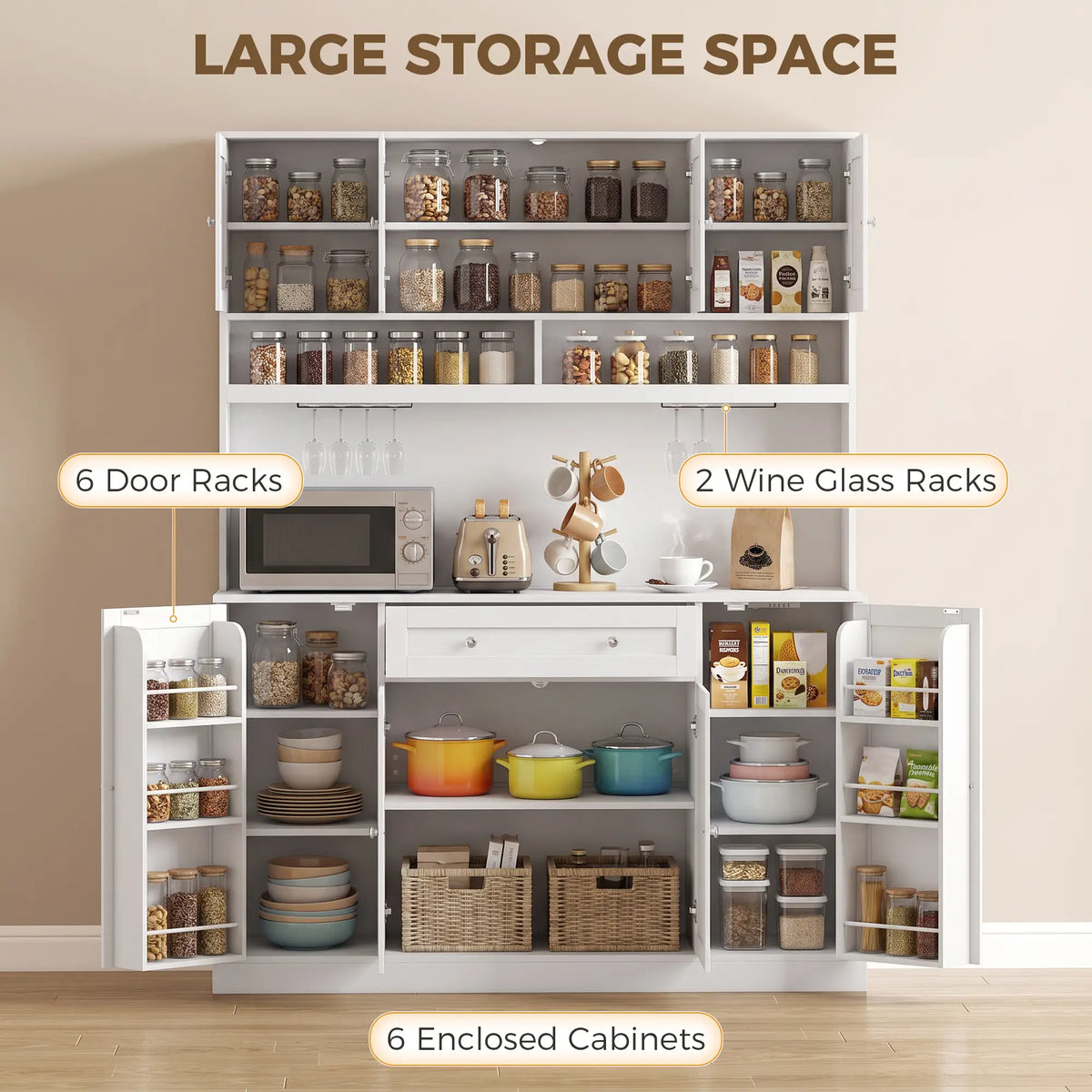 73" White Kitchen Pantry Cabinet, Charging Station, White Kitchen Pantry Cabinets at Gallery Canada