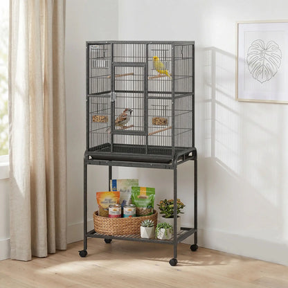 56"H Bird Cage, Parrot Cage w/ Detachable Rolling Stand, Removable Tray, Storage Shelf, Perches, Food Container Bird Cages at Gallery Canada