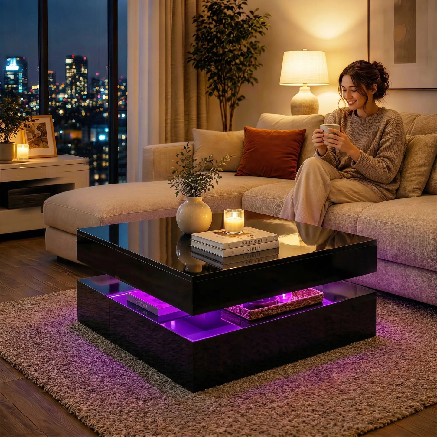 LED Coffee Table with Storage, 2-Tier Modern Center Table with Open Shelf and Remote for Living Room, High Gloss Black Coffee Tables at Gallery Canada