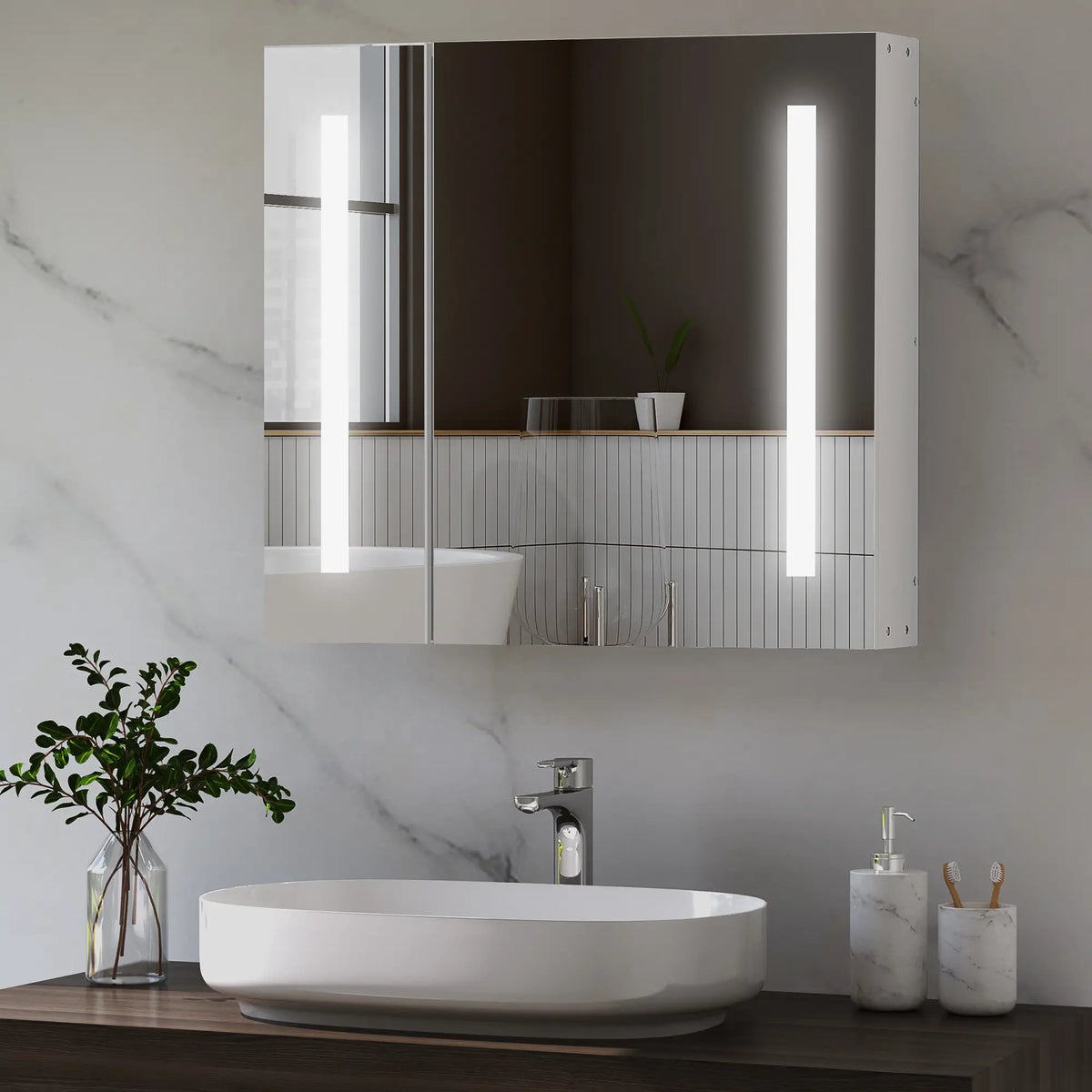 LED Medicine Cabinet with Mirror, 27.5" x 25.5", Adjustable Shelf, USB, White Mirror Medicine Cabinets at Gallery Canada