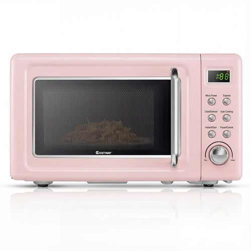 700W Retro Countertop Microwave Oven with 5 Micro Power and Auto Cooking Function, Pink