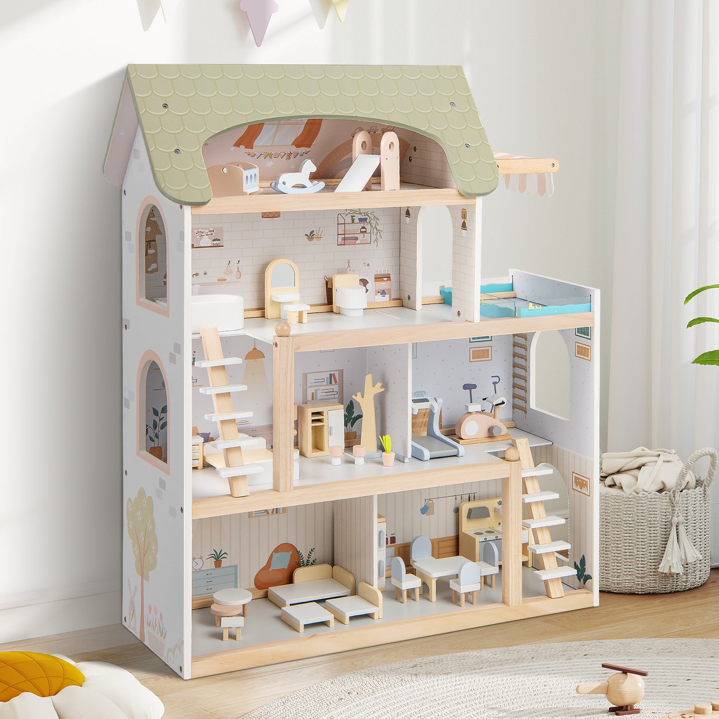 Wooden Dollhouse With 33 PCS Furniture, Green Play Tents & Playhouse at Gallery Canada