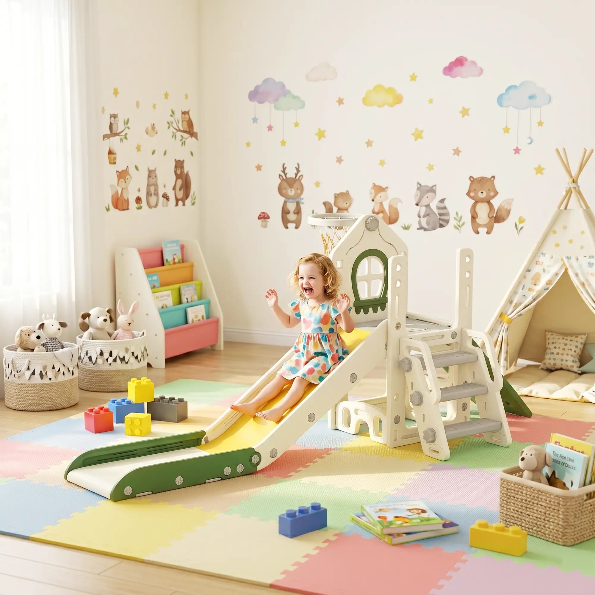 Foldable 4 in 1 Toddler Slide with Climber, Basketball Hoop, Storage Space and Basketball for Ages 1-3 Years, Cream Gym Sets & Swings at Gallery Canada