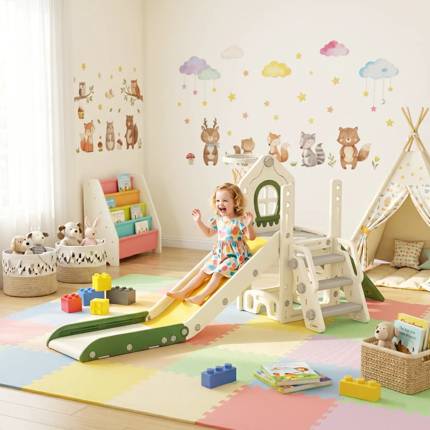 Foldable 4 in 1 Toddler Slide with Climber, Basketball Hoop, Storage Space and Basketball for Ages 1-3 Years, Cream Gym Sets & Swings at Gallery Canada