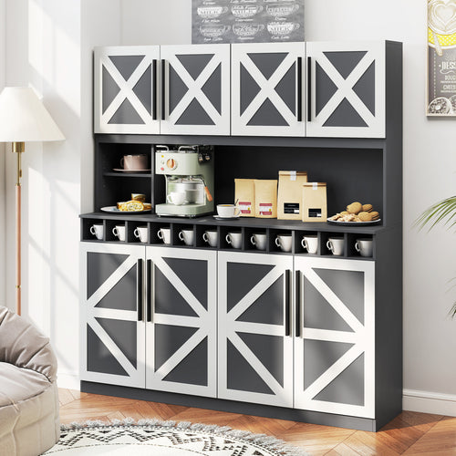 70 Inch Farmhouse Pantry Cabinet Kitchen Buffet Hutch with 4 Cabinets and 2 Open Shelves, Dark Gray