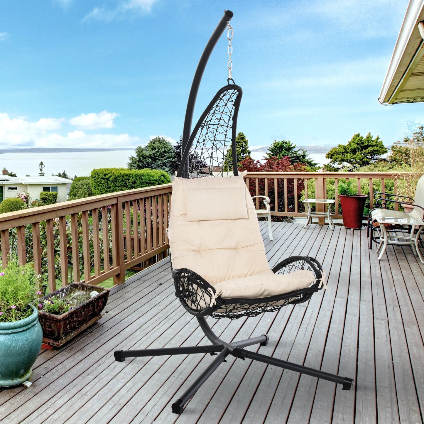 Wicker Hanging Egg Chair with Stand, Cushion, Pillow, Cup Holder, Beige Patio Swings with Stand at Gallery Canada