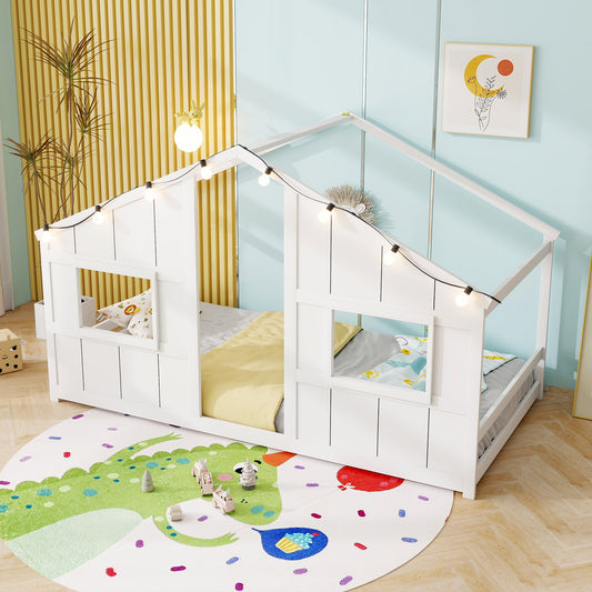 Twin Size House Bed With LED Lights, Montessori Floor Bed, White Toddler Beds White at Gallery Canada