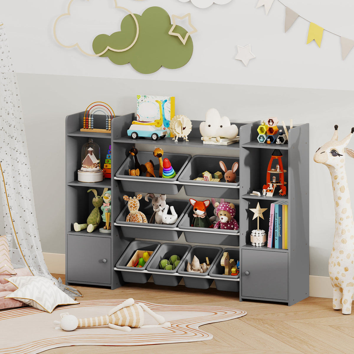 56 Inch Large Toy Storage Organizer, 8 Removable Bins, Bookshelf, Gray Kids Storage at Gallery Canada