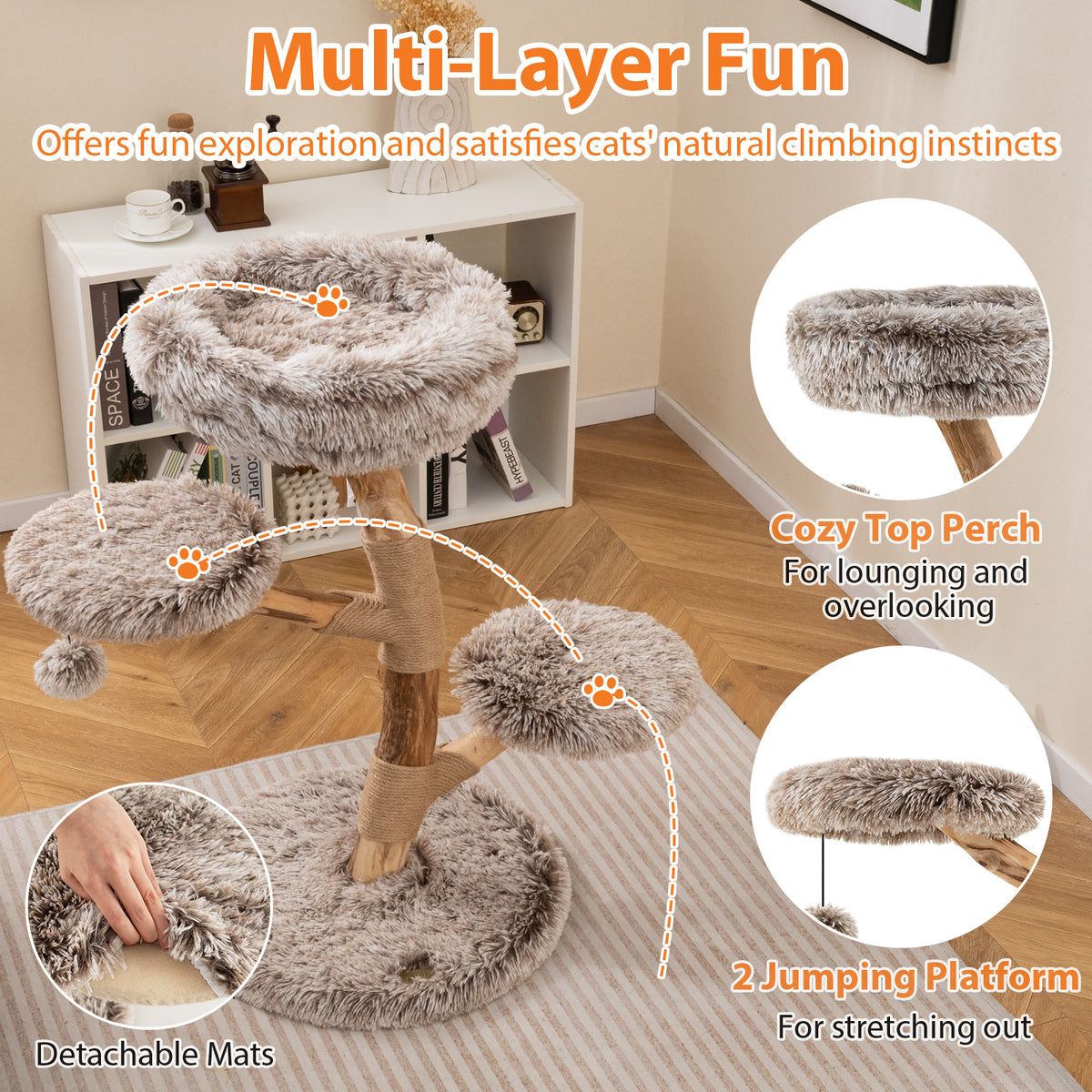 Cat Tree, Solid Pear Wood, Perch, Natural Jute Scratching Posts, Brown Cat Trees Condos & Scratchers at Gallery Canada
