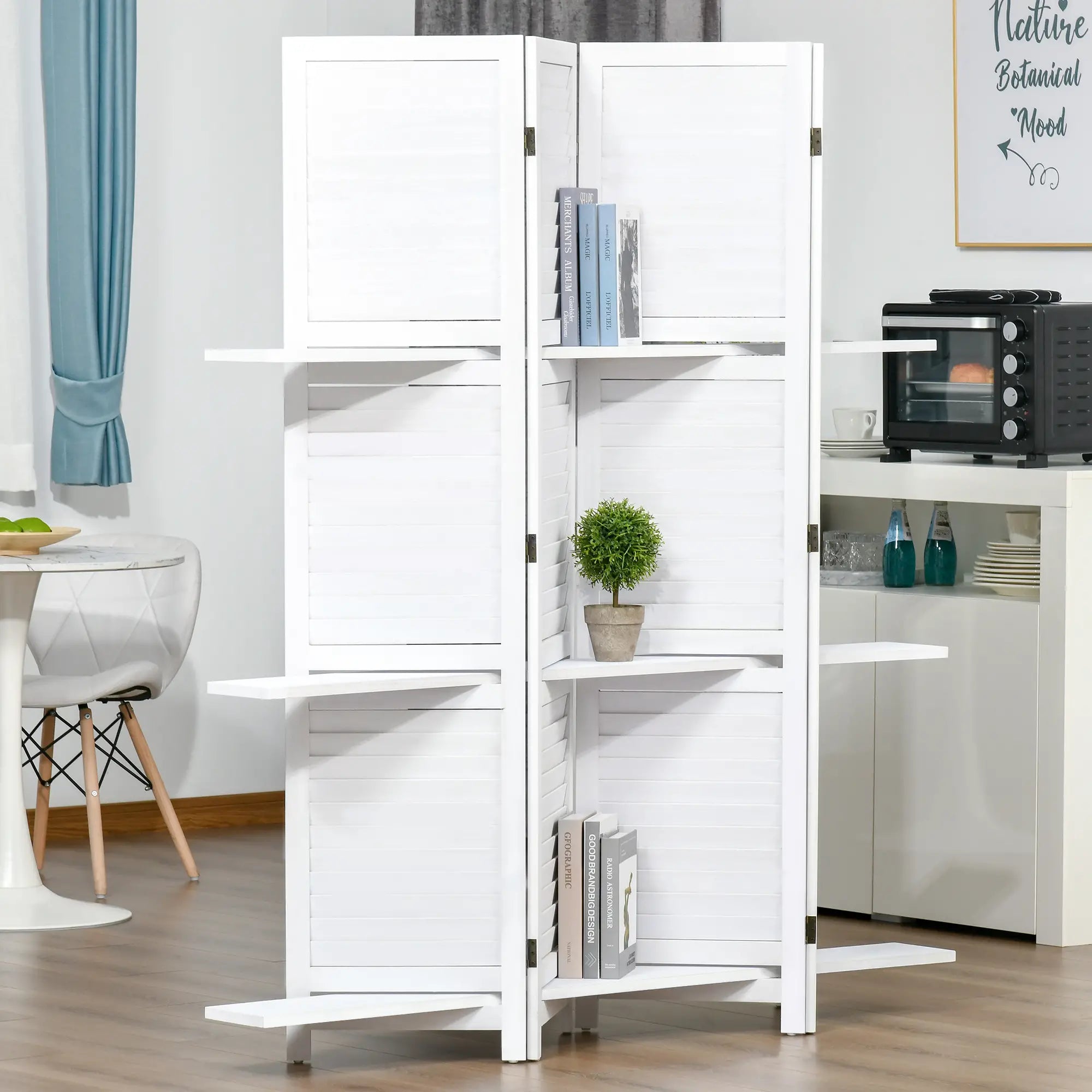 4-Panel Wall Partition, 3 Storage Shelves, Foldable, Wooden Frame, 5.6FT, White Room Dividers at Gallery Canada