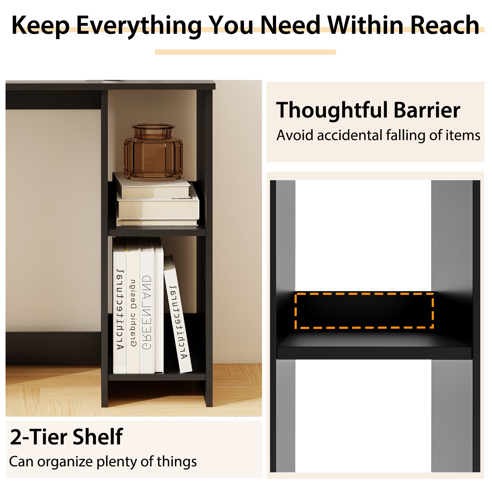 31.5 Inch Modern Home Office Desk, 2 Compartments, Black Writing Desks at Gallery Canada