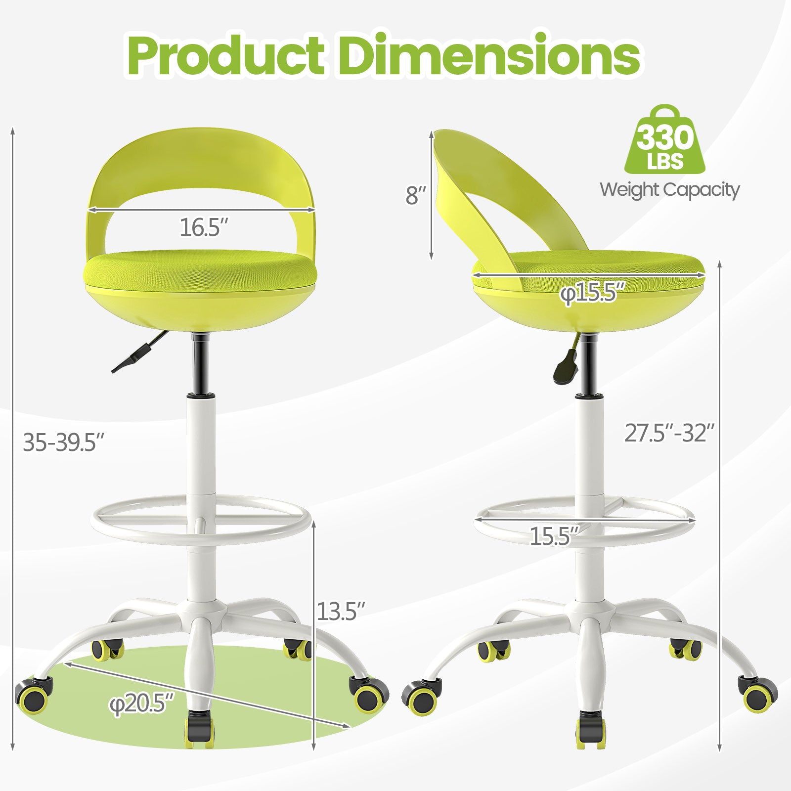 Rolling Tall Drafting Stool With Wheels, Green Armless Chairs at Gallery Canada
