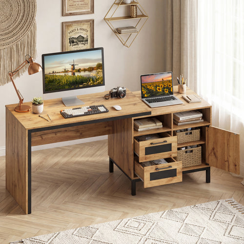 71-Inch Computer Table With Open Compartments, Drawers, Natural
