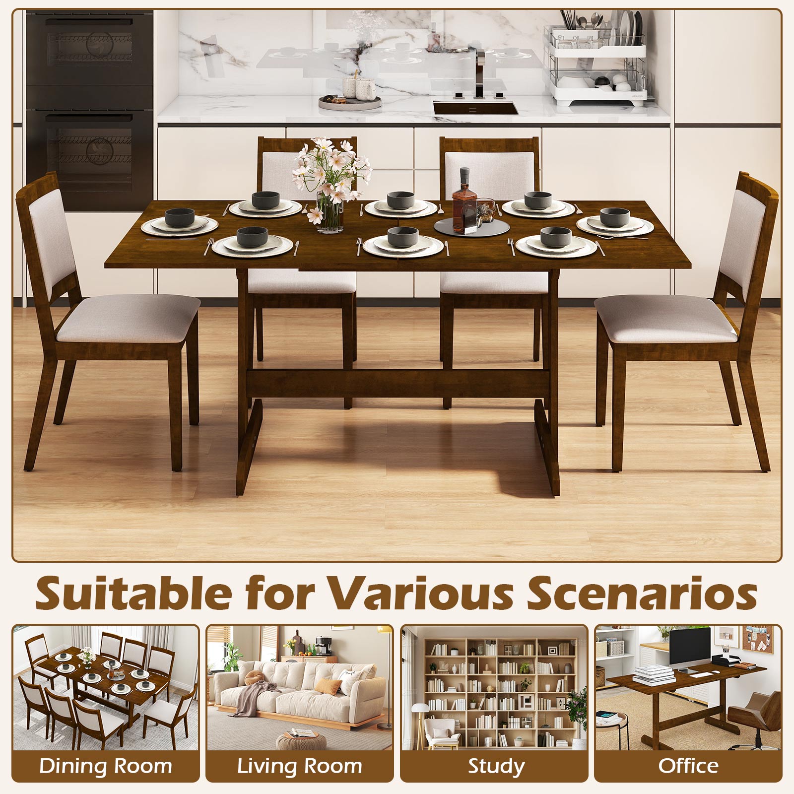 71 Inch Farmhouse Dining Table Wooden Kitchen Table for 6-8 with Rubber Wood Legs, Walnut Dining Tables at Gallery Canada