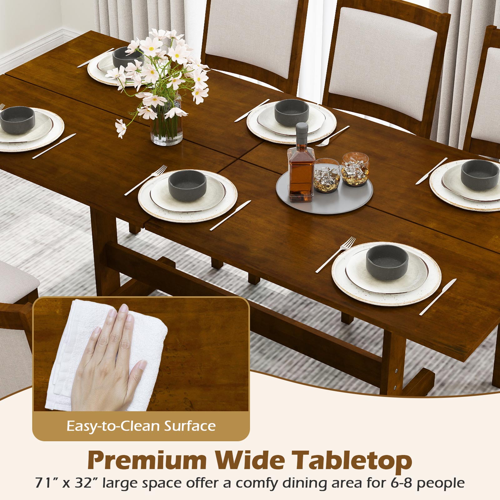 71 Inch Farmhouse Dining Table Wooden Kitchen Table for 6-8 with Rubber Wood Legs, Walnut Dining Tables at Gallery Canada