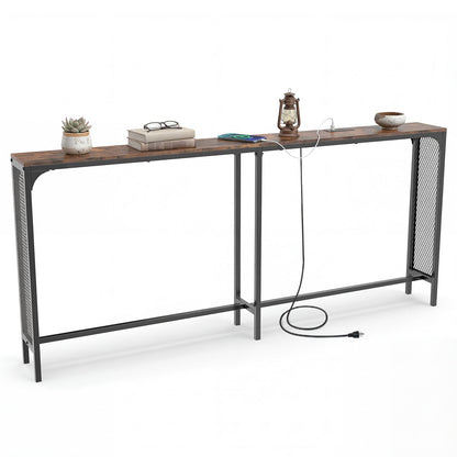 71 Inch Narrow Console Table with Power Outlet for Small Space, Rustic Brown Console Tables Rustic Brown at Gallery Canada