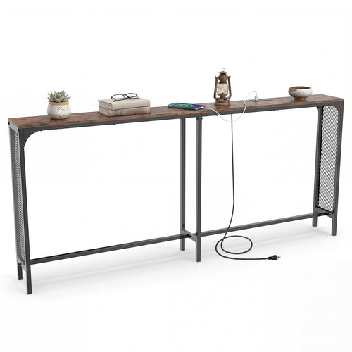 71 Inch Narrow Console Table with Power Outlet for Small Space, Rustic Brown