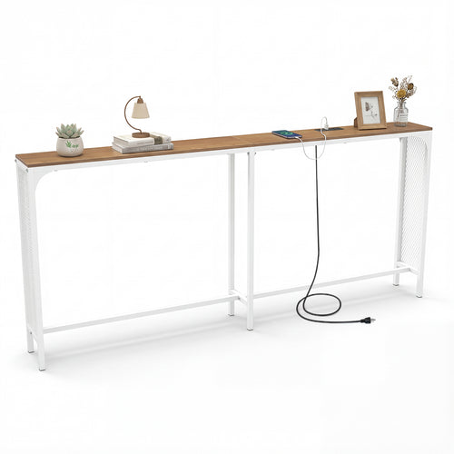 71 Inch Narrow Console Table with Power Outlet for Small Space, Natural