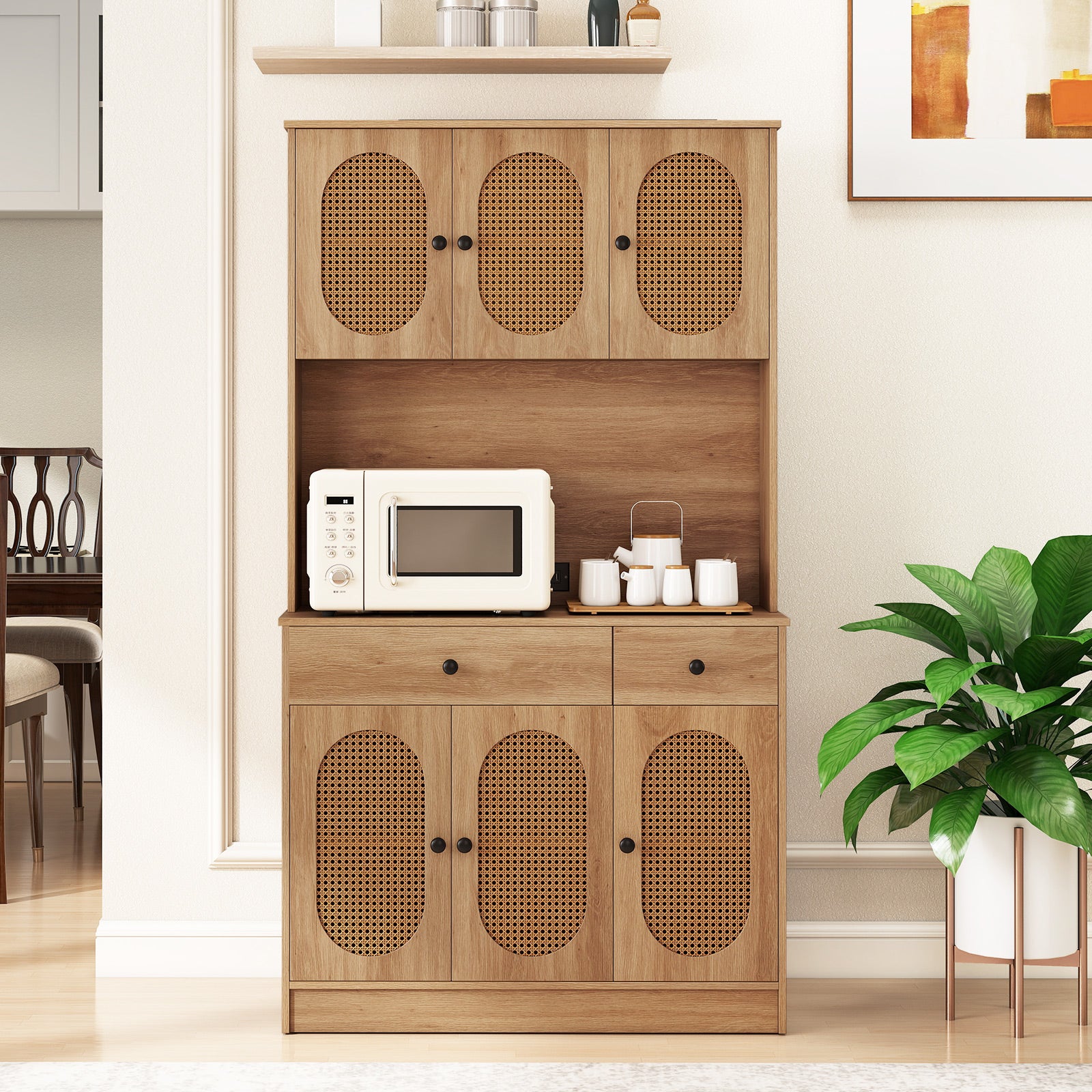 71 Inches Pantry Cabinet With Hutch And Charging Station, Natural Sideboards Cabinets & Buffets at Gallery Canada