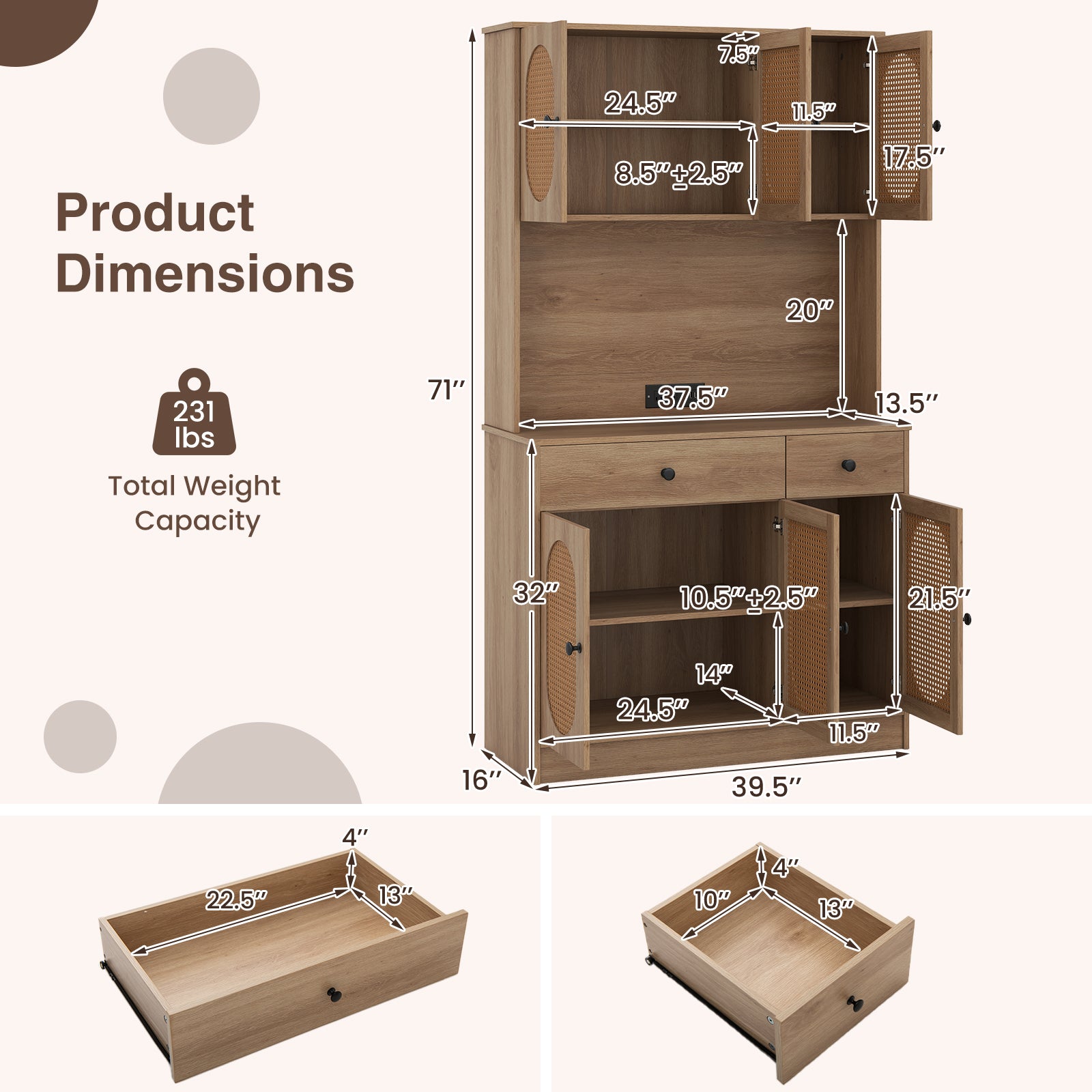 71 Inches Pantry Cabinet With Hutch And Charging Station, Natural Sideboards Cabinets & Buffets at Gallery Canada