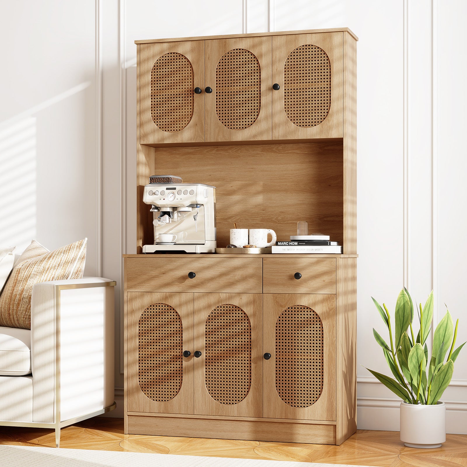 71 Inches Pantry Cabinet With Hutch And Charging Station, Natural Sideboards Cabinets & Buffets at Gallery Canada