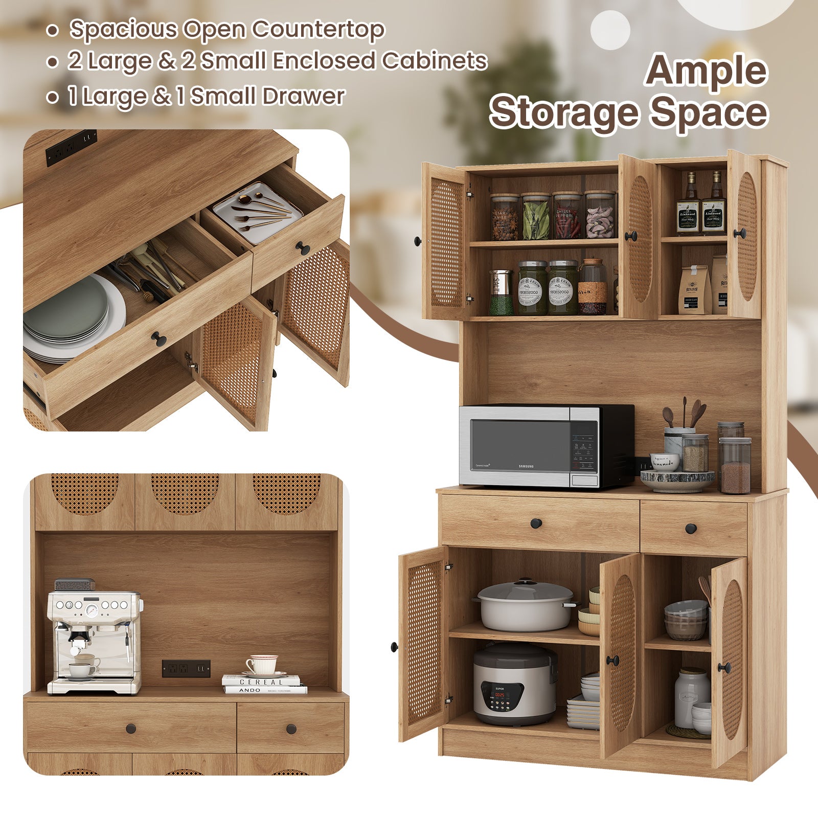 71 Inches Pantry Cabinet With Hutch And Charging Station, Natural Sideboards Cabinets & Buffets at Gallery Canada