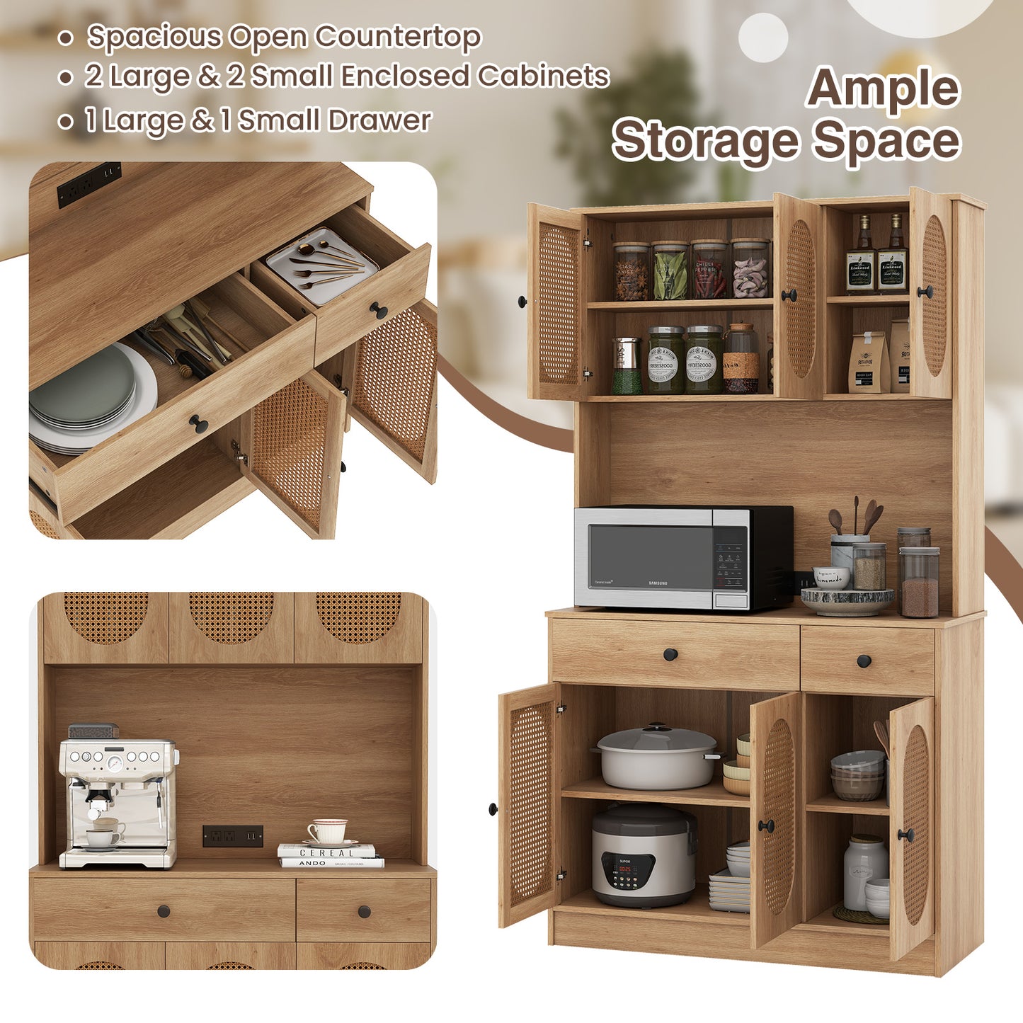 71 Inches Pantry Cabinet With Hutch And Charging Station, Natural Sideboards Cabinets & Buffets at Gallery Canada