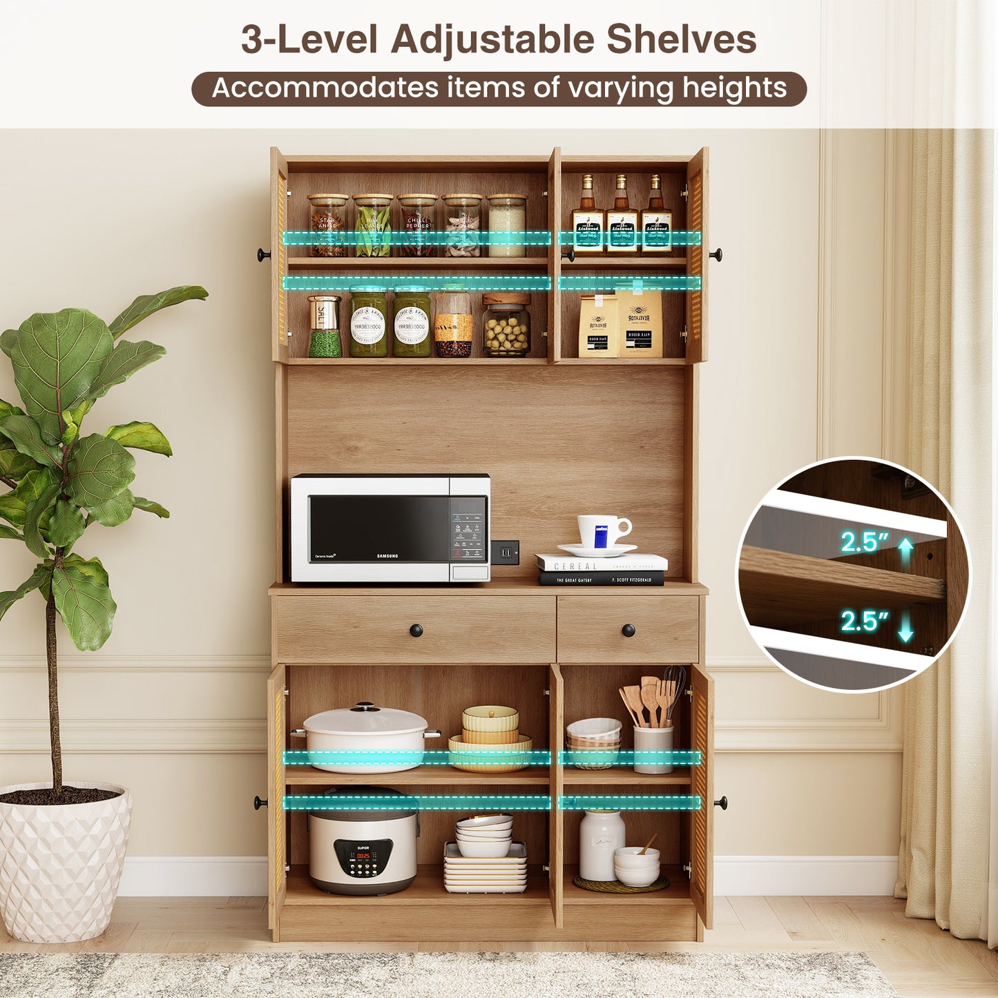 71 Inches Pantry Cabinet With Hutch And Charging Station, Natural Sideboards Cabinets & Buffets at Gallery Canada