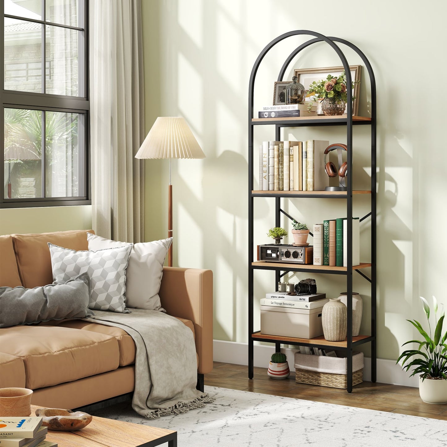 Arched Bookcase 4-Tier, Metal Frame, Black & Brown