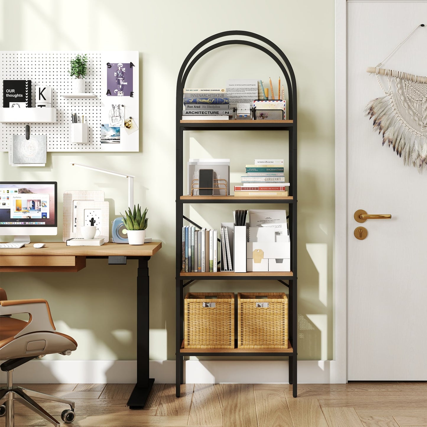 Arched Bookcase 4-Tier, Metal Frame, Black & Brown