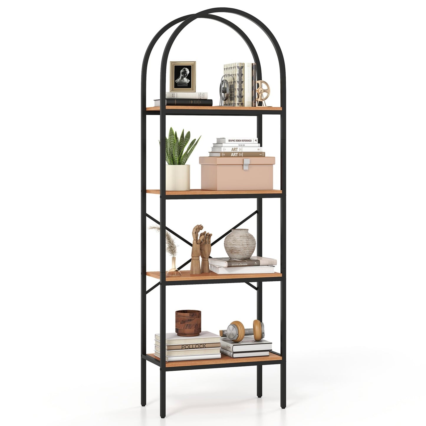 Arched Bookcase 4-Tier, Metal Frame, Black & Brown