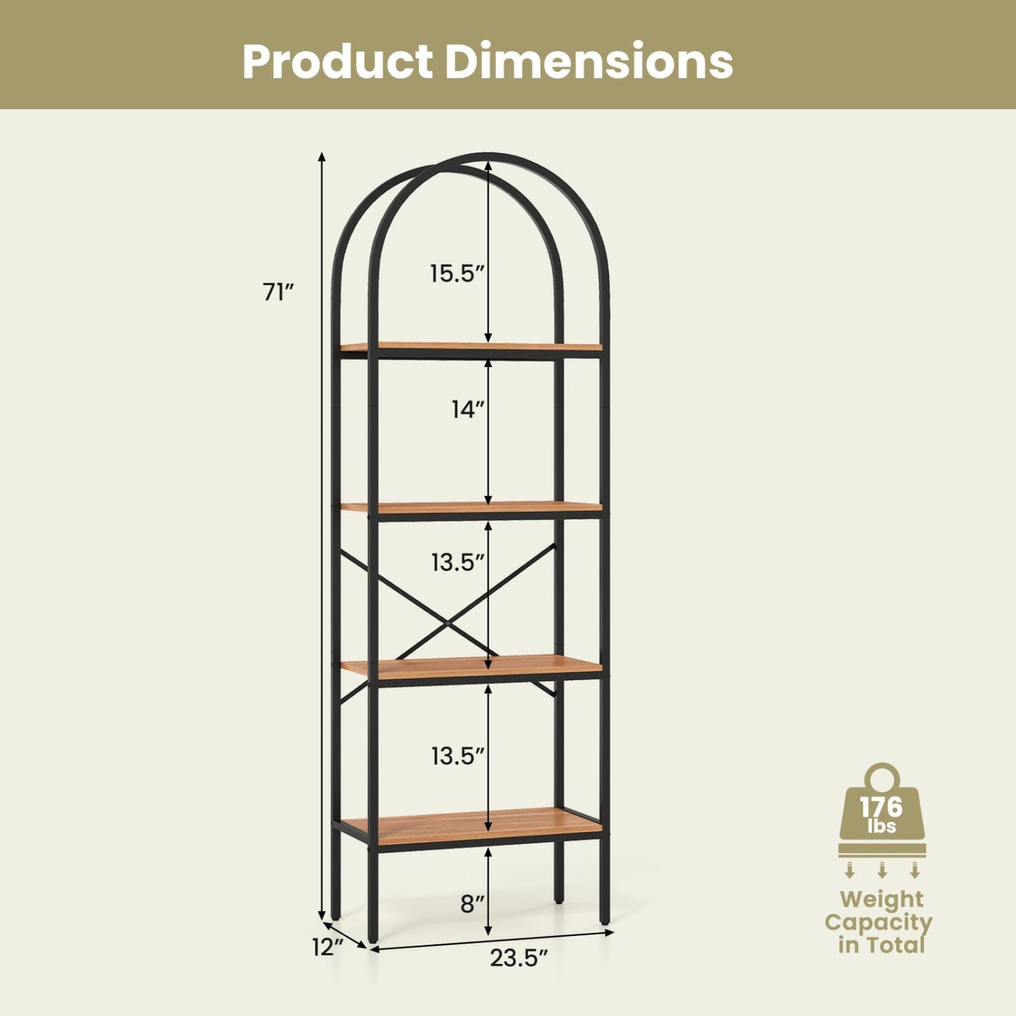 Arched Bookcase 4-Tier, Metal Frame, Black & Brown