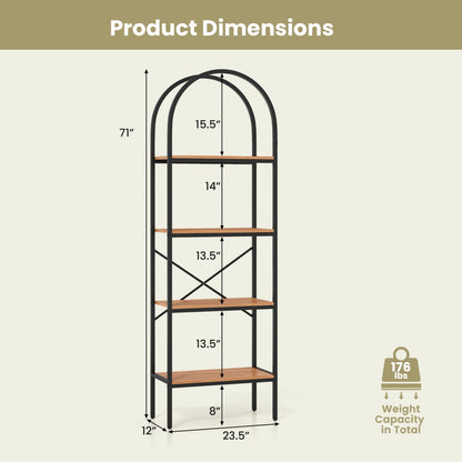 Arched Bookcase 4-Tier, Metal Frame, Black & Brown