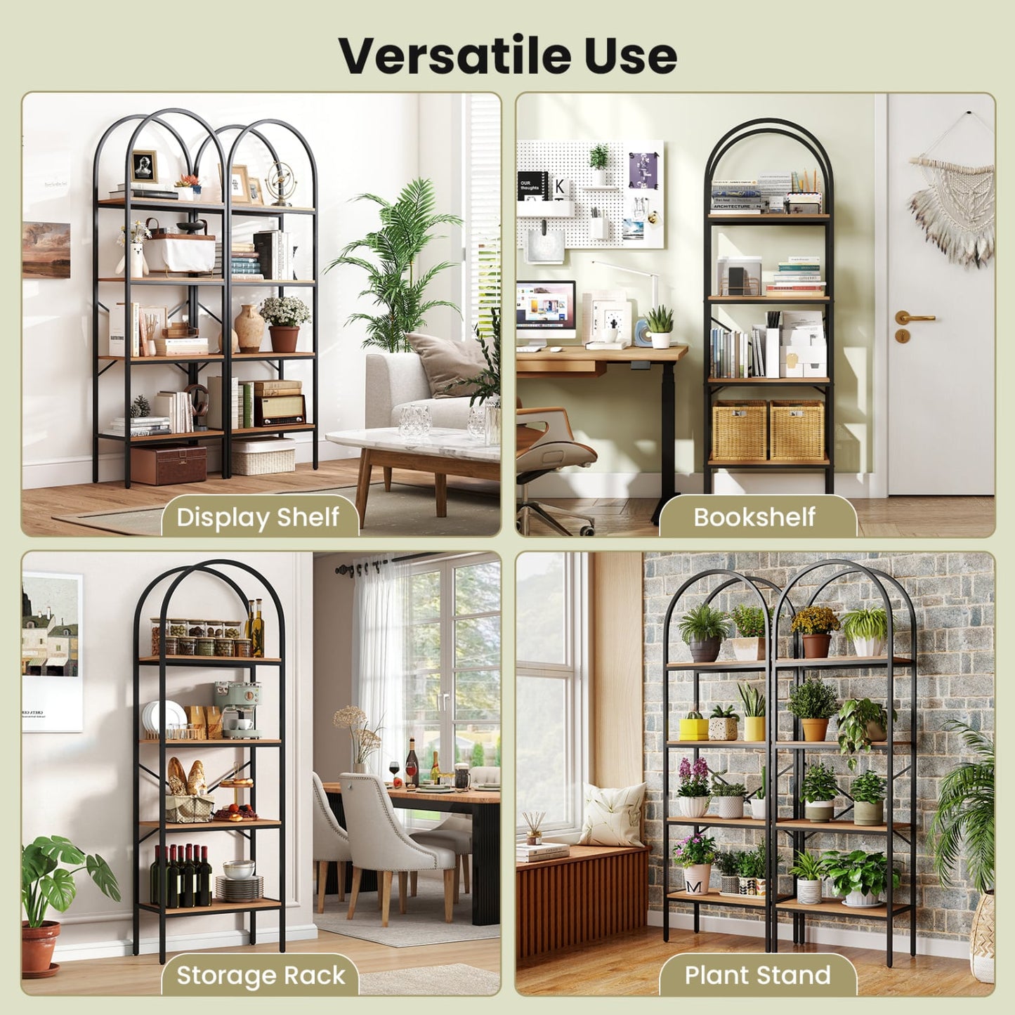 Arched Bookcase 4-Tier, Metal Frame, Black & Brown