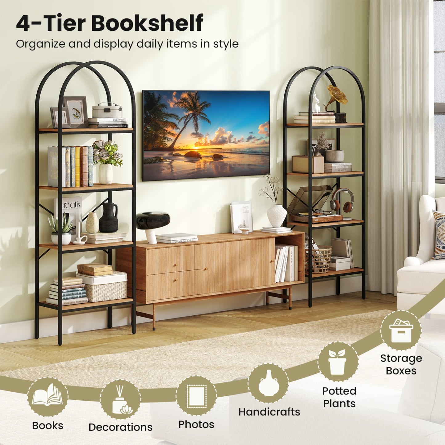 Arched Bookcase 4-Tier, Metal Frame, Black & Brown