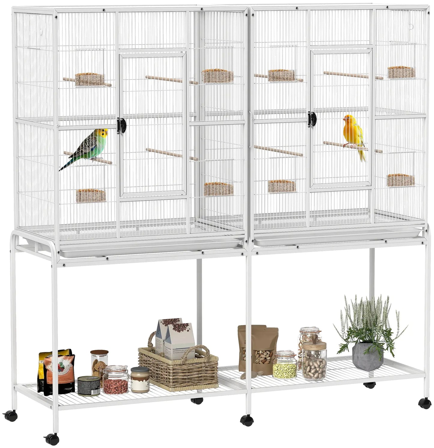 64" Large Rolling Bird Cage, Detachable Stand, Storage Shelf, White Bird Cages at Gallery Canada