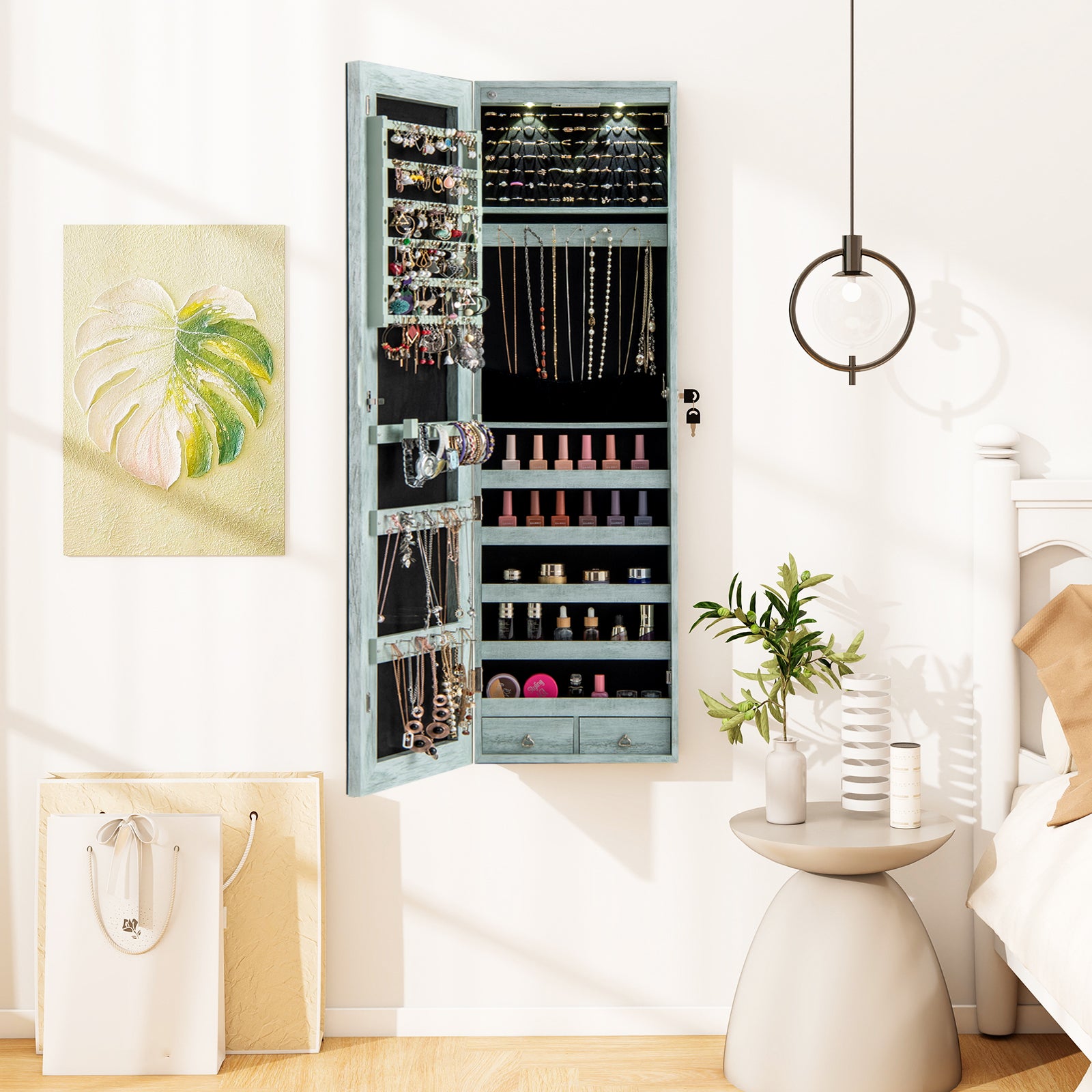 Wall Mounted Jewelry Cabinet With Lights, Navy Jewelry Armoires at Gallery Canada