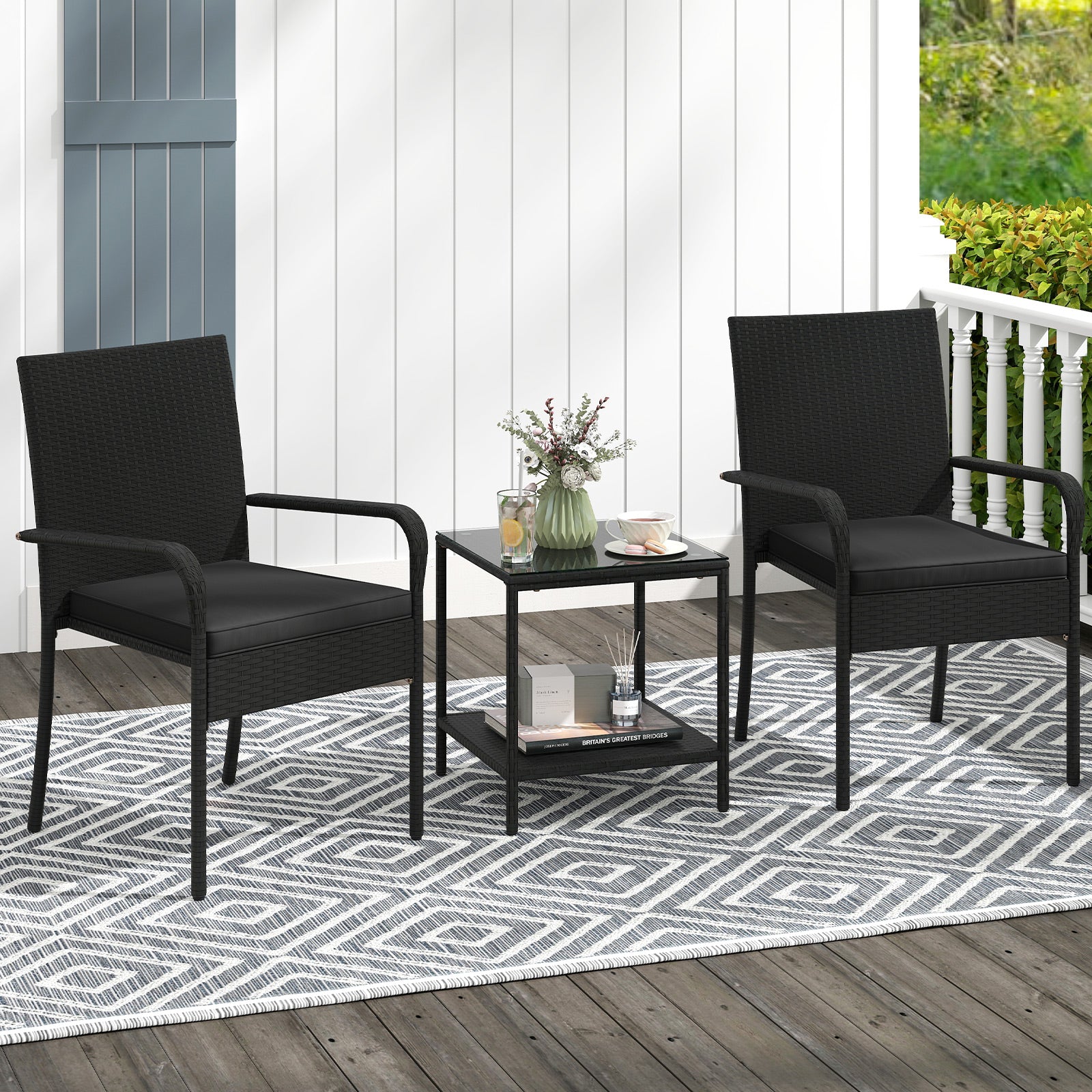 3 Piece Patio Set With Seat Cushions, Tempered Glass Tabletop, Black Patio Conversation Sets at Gallery Canada