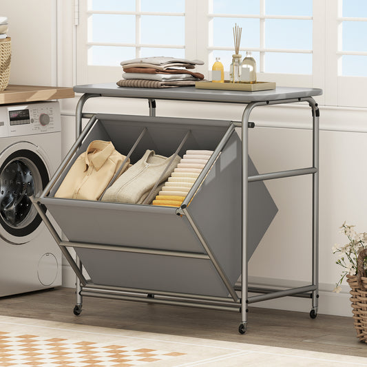 3-Section Laundry Sorter, Foldable Ironing Board, Lockable Wheels, Gray Laundry Baskets Gray at Gallery Canada